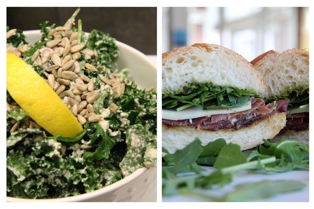 Photo of a Kale Caesar salad with sunflower seed and lemon wedge on top. And a photo of a prosciutto arugula sandwich with arugula leaves in the foreground.