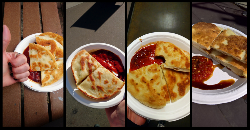 Photo photos of green onion cakes with hot sauce, taken over four different years.