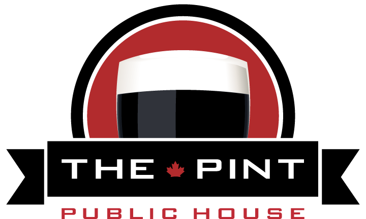 The Pint Public House Logo featuring the head of a pint of stout in black and white with a half circle maroon background.